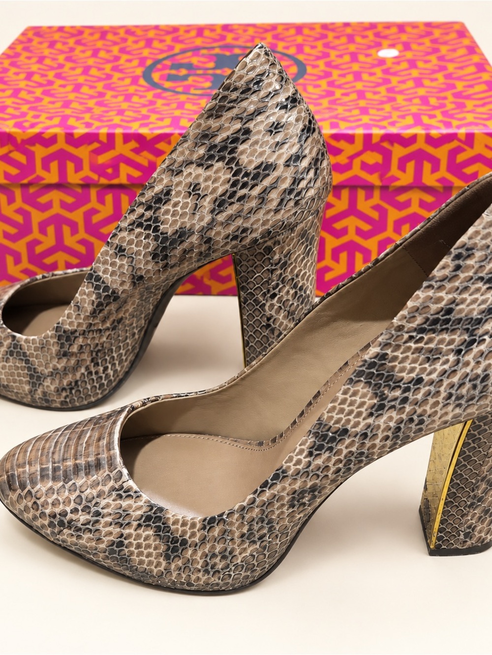 Tory Burch Beige Snake-Print Block Heel Pumps